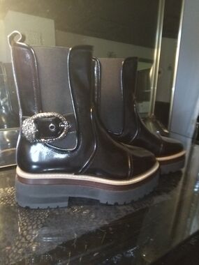 Kurt Geiger Black Patent Leather Platform Ankle Boots with Buckle